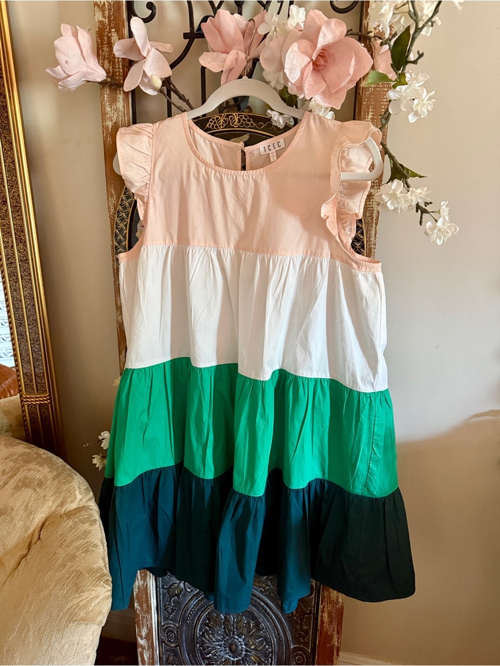 TCEC 100% Cotton Pink White Green Teal Colorblock Tiered Ruffle Sleeve Dress - Picture 1 of 9